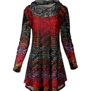 NWT Lily Red & Gray Geometric Knit-Print Curved-Hem Cowl Neck Tunic SZ 1X/18W